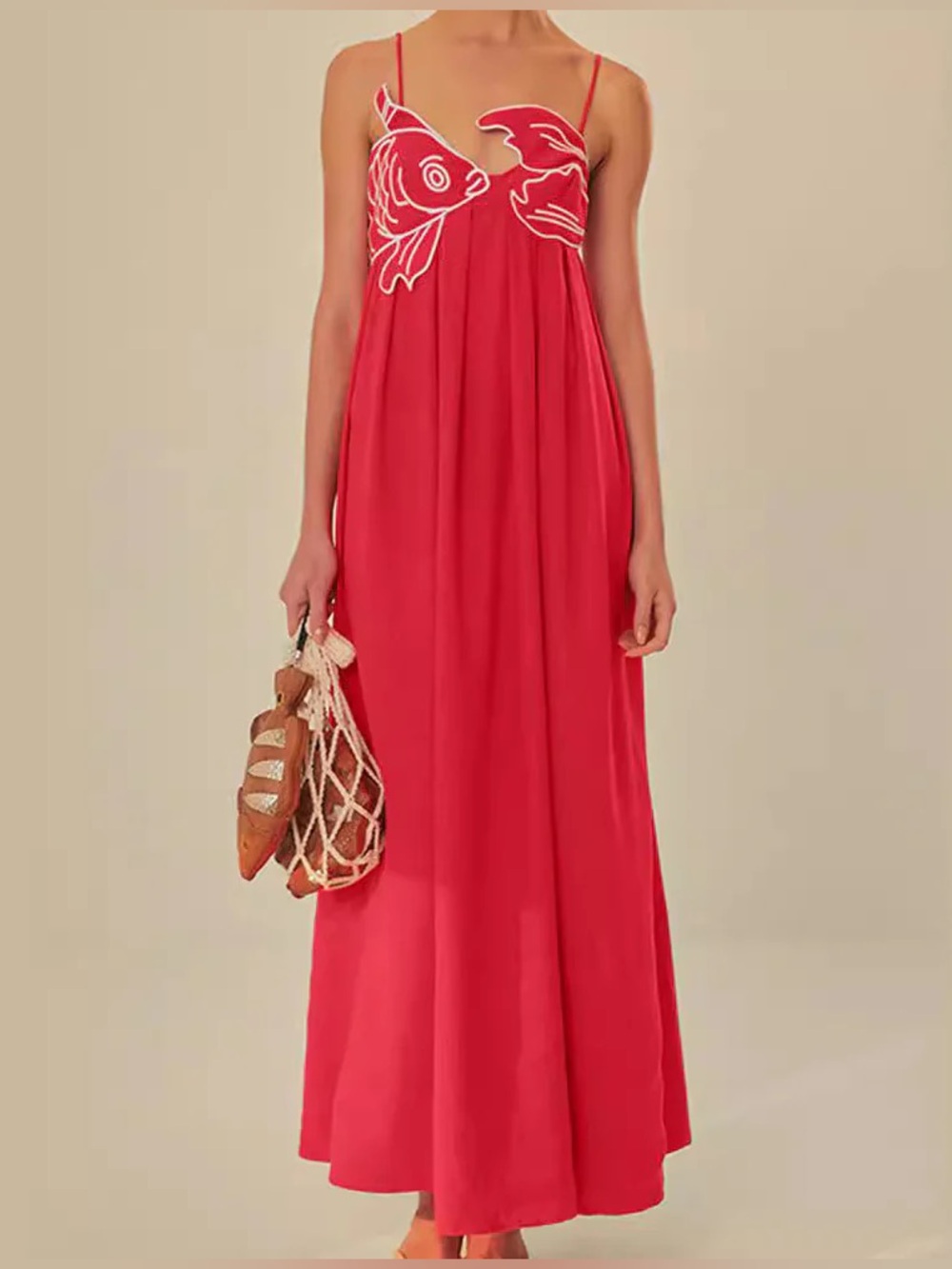 Commense Coral-Red Spaghetti-Strap Maxi Dress with White Embroidery
